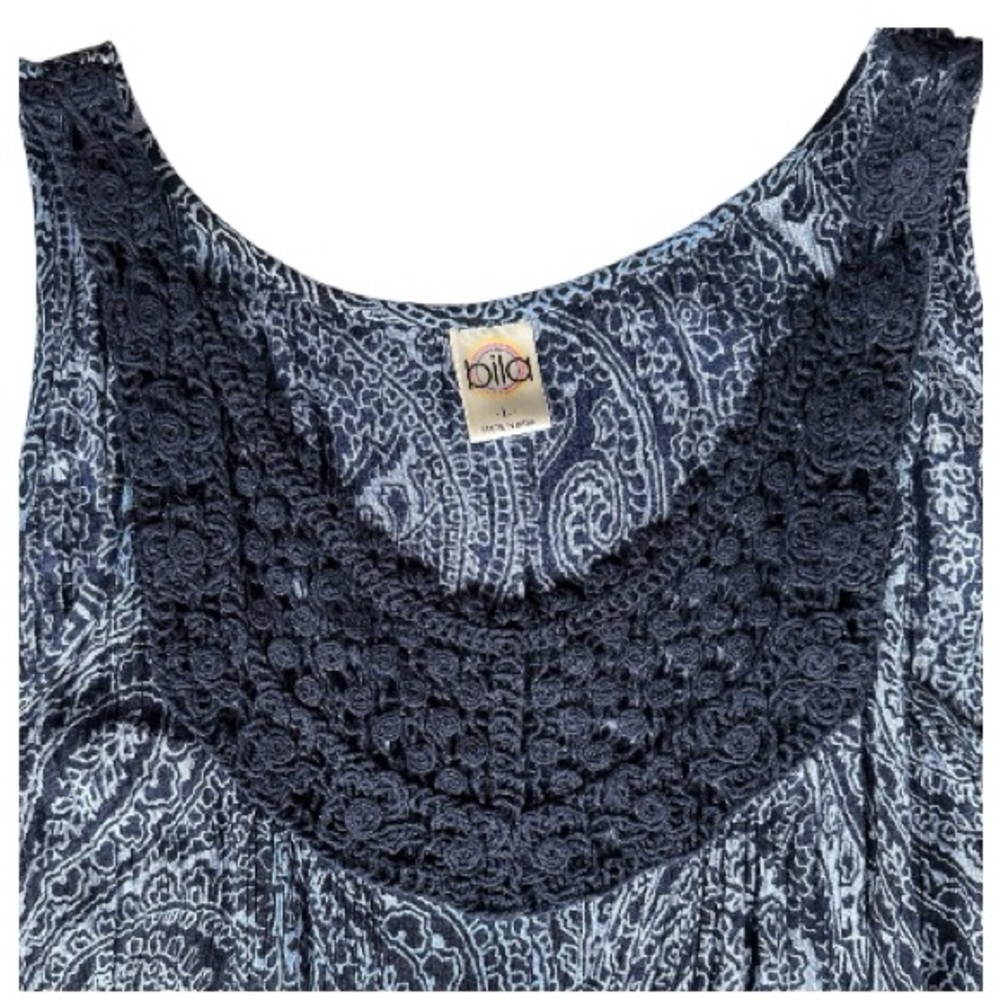 Bila Bohemian Paisley Crochet Sleeveless Navy Blue Maxi Summer Dress Size L - Picture 7 of 13